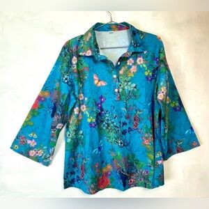Blue, botanical, butterflies 3/4 sleeve shirt (S / M)